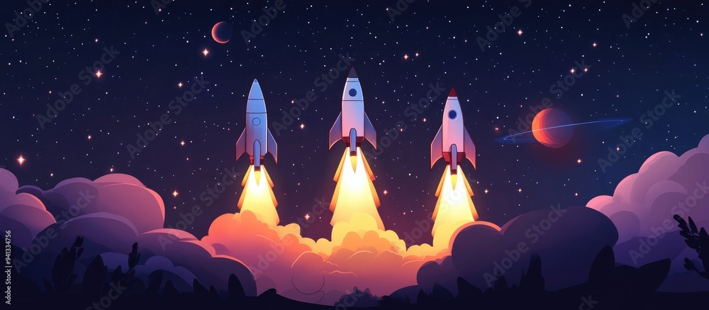 Aufkleber cartoon rendering of rockets launching into the starry sky showcasing the concept of space explorati