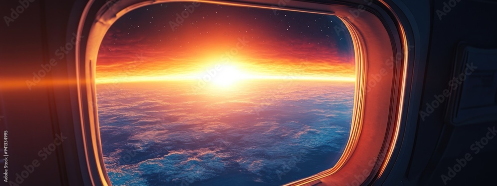 Aufkleber Fascinating sunrise viewed through a spaceship window in a 3D cartoon rendering