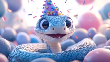 A whimsical New Year's card featuring a cartoon snake surrounded by confetti and balloons.