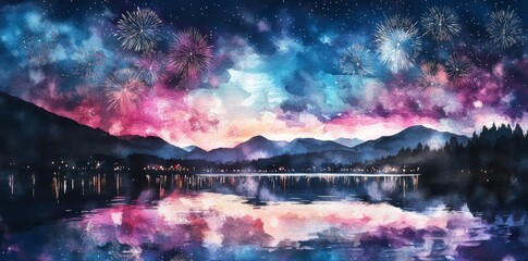 Happy New Year 2025 depicting colorful fireworks above a serene lake