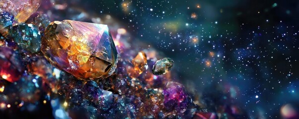 Fototapeta premium A vibrant collection of crystals and gemstones reflecting brilliant colors in a mystical, starry backdrop.