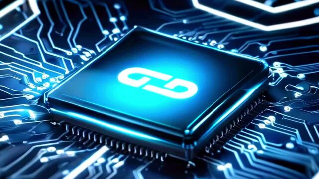 Futuristic Microchip Design with Interlocking Links Logo and Glowing Blue Circuitry