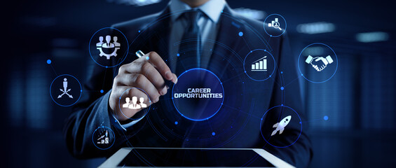 Career opportunities. Businessman pressing virtual button on screen.