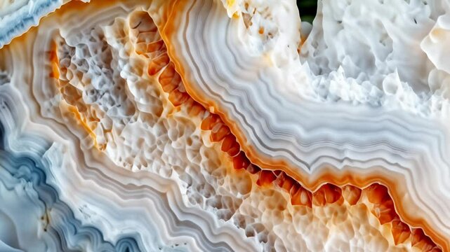 Close-up texture background of agate stone revealing intricate layers of white and orange bands with a crystalline structure, showcasing the natural beauty of geology