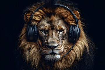 Portrait of gorgeous lion with headphones on isolated background
