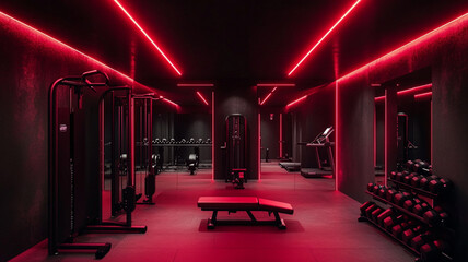 Naklejka premium luxury gym interior , artificial red lighting illuminating the room