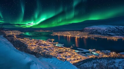 Beautiful northern lights, winter landscape with mountains, winter forest.