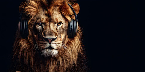 Fototapeta premium Portrait of gorgeous lion with headphones on isolated background