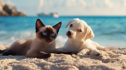 A Siamese cat and a Labrador puppy playing together on a sandy beach with an ocean view, capturing a joyful and playful scene under the sunny sky.......
