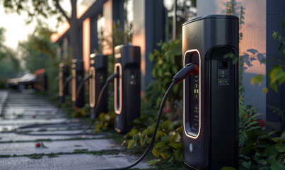 Modern fast electric vehicle chargers for charging car in town