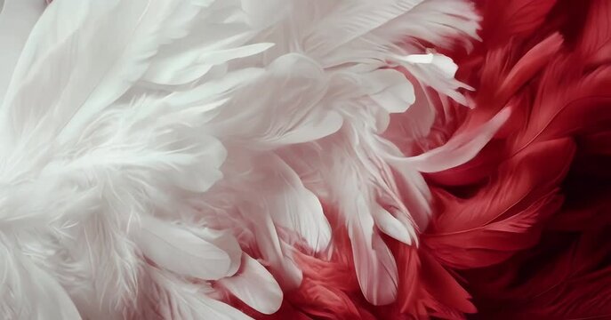 Close-up of white and red feathers blending together in soft, flowing patterns, creating a delicate and vibrant texture