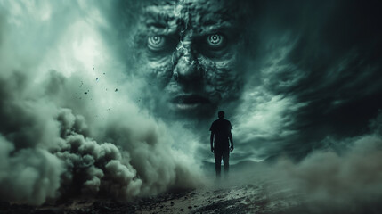 Fototapeta premium Man experiencing his dark night of the soul. Moment of spiritual awakening.