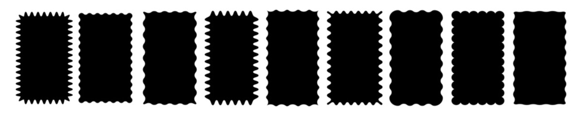 Cloudy wave curve edge borders vector set black color wavy scalloped doodle drawn style for decoration, funky zigzag