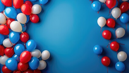 Photo of a balloon wall with a mosaic pattern of red, white, and blue balloons with star designs. 4th of July, American independence day, memorial day concept