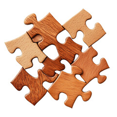 Obraz premium A close-up of wooden puzzle pieces interlocked together, symbolizing problem-solving, strategy, and teamwork in a conceptual design.