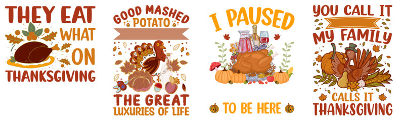 Colourful Thanksgiving Phrases, Calligraphic Lettering Bundle Vector Illustration for Magazine, Advertisement, Decal