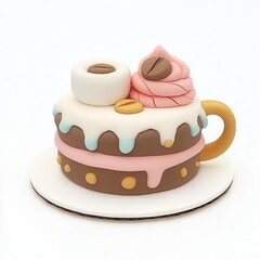 a cute Coffee Cake, icon 3D clay style, Pastel color, isolate on white background