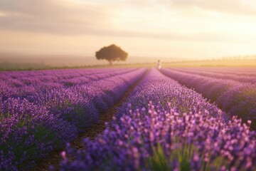 Obraz premium Lavender Field at Dusk with a Solitary Figure