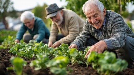 Fototapeta premium An elderly group of friends planting a vegetable garden together, capturing the joy of gardening and the nurturing aspect of communal life.