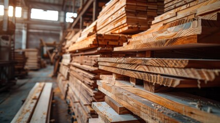 Fototapeta premium A large pile of wooden planks stored in a warehouse