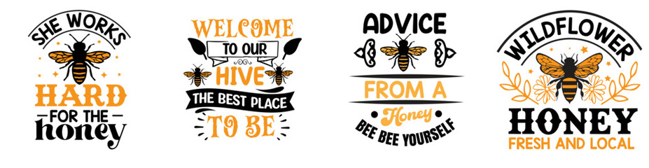 Minimal Honey Bee Trendy Retro Style Illustration, Calligraphy Pack Vector Illustration for Packaging, Brochure, Greeting Card