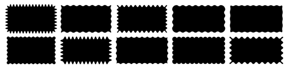 Cloudy wave curve edge borders vector set black color wavy scalloped doodle drawn style for decoration, funky zigzag