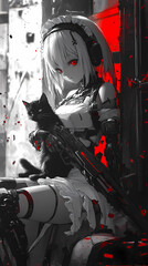 Naklejka premium Futuristic Anime Cyborg Girl with Black Cat and Weaponry in Epic Art