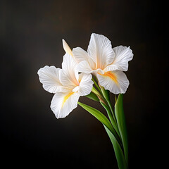 Fototapeta premium Two white flowers with yellow tips are standing upright on a dark background. The flowers are the main focus of the image, and their bright colors contrast with the dark background