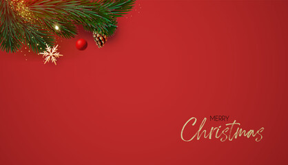 Christmas decoration with fir tree branches, balls and gold snowflakes. Happy New Year traditional design