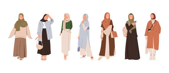 Set of woman in hijab flat vector illustration. Collection of stylish muslim business person, in trendy clothes isolated on white. Saudi and asian people in modern islamic outfit dress.