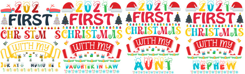 Minimalist Family Christmas Calligraphic Lettering, Typographic Emblems Bundle Vector Illustration for Label, Infographic, Sticker