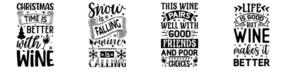 Minimal Christmas Wine Bag Typographic Emblems, Labels And Badges Set Vector Illustration for Sticker, Holiday Cards, Flyer