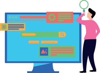 The boy is searching on the monitor.