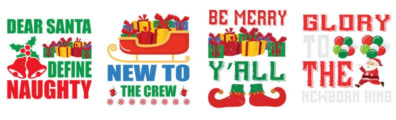 Decorative Christmas Invitation, Typographic Emblems Set Vector Illustration for Postcard, Holiday Cards, Social Media Post