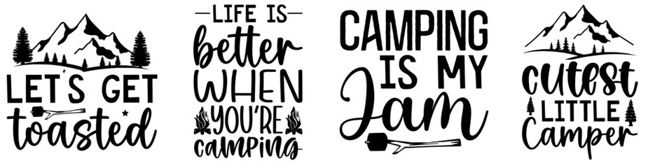 Cute Camping Typographic Emblems, Phrases Pack Vector Illustration for Wrapping Paper, Sticker, Printing Press