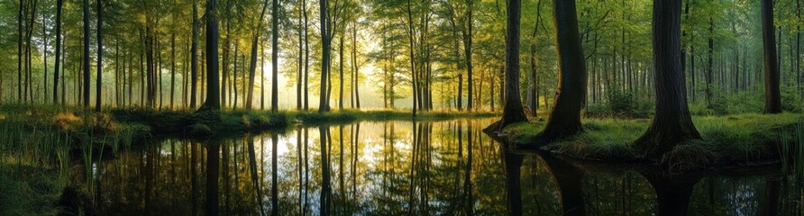 Obraz premium Panoramic Forest Reflections in Early Morning Light