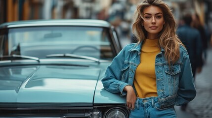 A content creator leans on a vintage car on a crowded road. Capture the essence of urban life and style. Connect deeply with your followers.