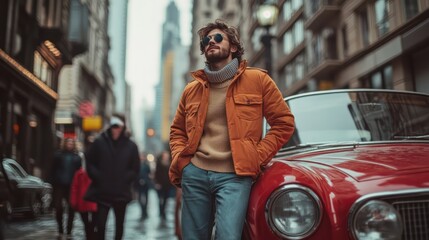 Obraz premium A content creator leans on a vintage car on a crowded road. Capture the essence of urban life and style. Connect deeply with your followers.