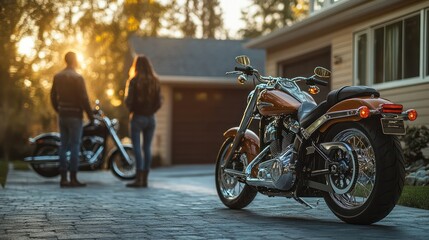 Obraz premium Couple hanging out in the driveway Enjoying a drink in front of your house with a bicycle parked in front of you.