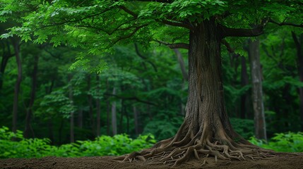 Fototapeta premium A majestic tree stands tall amidst a lush green forest, showcasing its strong roots and vibrant foliage, perfect for nature enthusiasts.