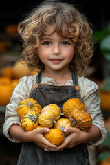 Fototapeta premium A child collecting small, colorful gourds into an oversized apron, capturing the joy of autumn harvest,
