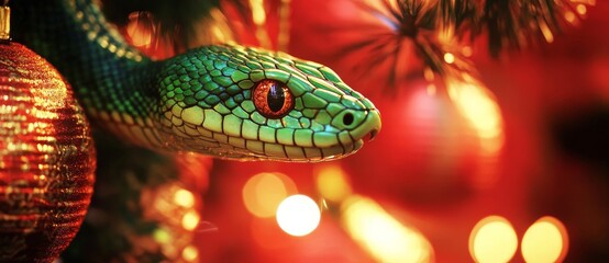 Fototapeta premium An elegant green snake coiled against a festive red and gold backdrop, adorned with lanterns and traditional patterns, capturing the spirit of Chinese New Year 2025.