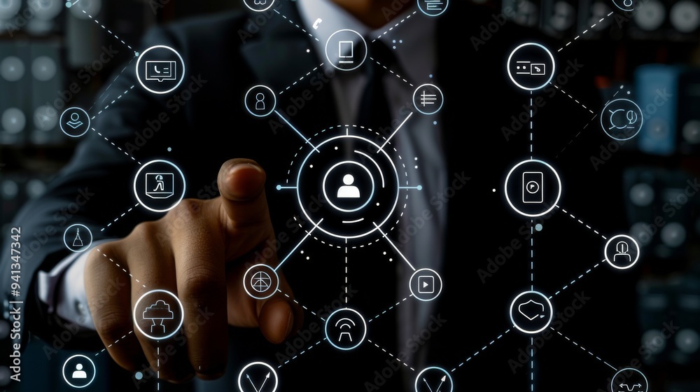 Aufkleber In a professional setting, a businessman displays business acumen and tech skills using digital technology and virtual interfaces, emphasizing advances in business communication and networking