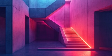 Abstract architectural concrete interior of a minimalist house featuring neon lighting in a 3D rendering