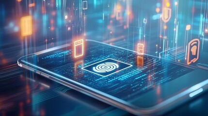 Fototapeta premium A closeup of a smartphone screen displaying a secure SMS code, with biometric and cybersecurity icons surrounding the device