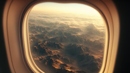 Fototapeta premium 3D rendering of a view through an airplane window showcasing mountainous landscapes