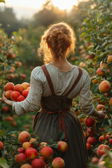 A scene of a woman collecting apples into her apron, standing beneath a fully-laden apple tree, the epitome of harvest abundance,