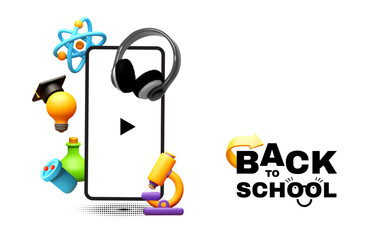 Back to School halftone design template with smartphone, headphones, idea light bulb, atom, flasks and microscope. Online education
