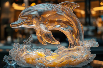 A cool, translucent ice sculpture of a dolphin, leaping in a sea of lemonade,