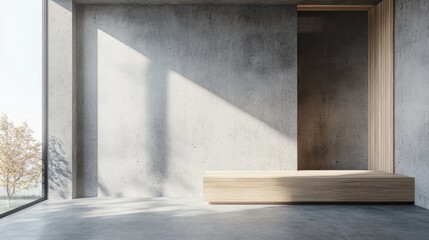 Abstract interior design featuring concrete and wood elements with a window 3D rendering